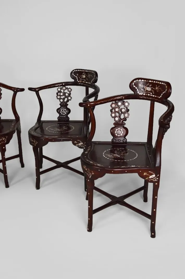 Pamono Asian Carved Inlaid Wood Armchairs, Early 20th Century, Set of 4 Clearance