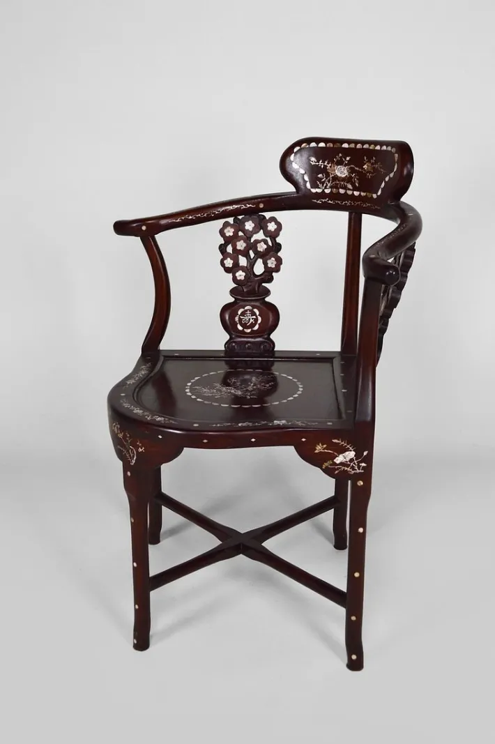 Pamono Asian Carved Inlaid Wood Armchairs, Early 20th Century, Set of 4 Clearance