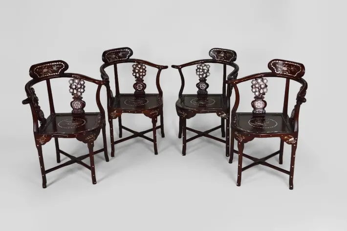 Pamono Asian Carved Inlaid Wood Armchairs, Early 20th Century, Set of 4 Clearance