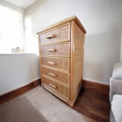 Pamono Bamboo and Woven Rattan Five-Drawer Chest, 1970s New