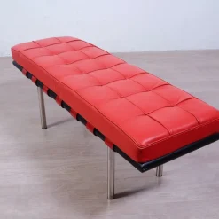 Pamono Barcellona 3-Seater Bench in Red Leather, Wooden Base and Steel Legs New