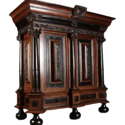 Pamono Baroque Cabinet Amsterdam Schapp, 5 Ebonized Columns, Pillow Fillings, Carved Chapters - Doors - Cornice, Secret Compartment, on High Feet, 1880 Outlet