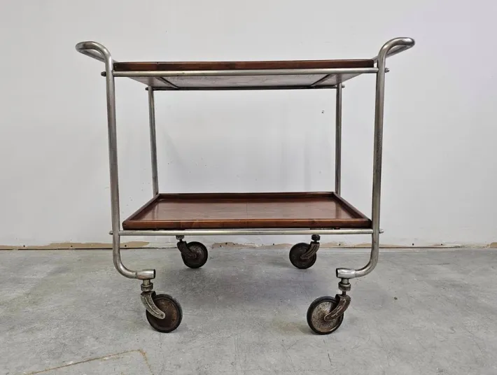 Pamono Bauhaus Bar Cart in Walnut Root Veneer and Steel Construction, 1920s Clearance