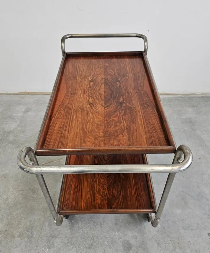 Pamono Bauhaus Bar Cart in Walnut Root Veneer and Steel Construction, 1920s Clearance