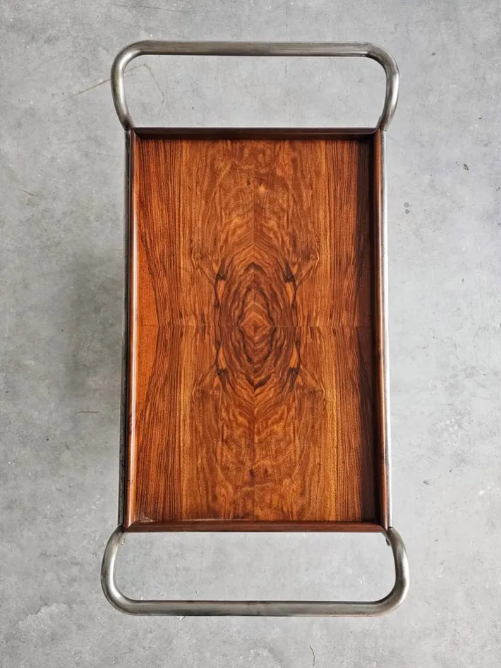 Pamono Bauhaus Bar Cart in Walnut Root Veneer and Steel Construction, 1920s Clearance