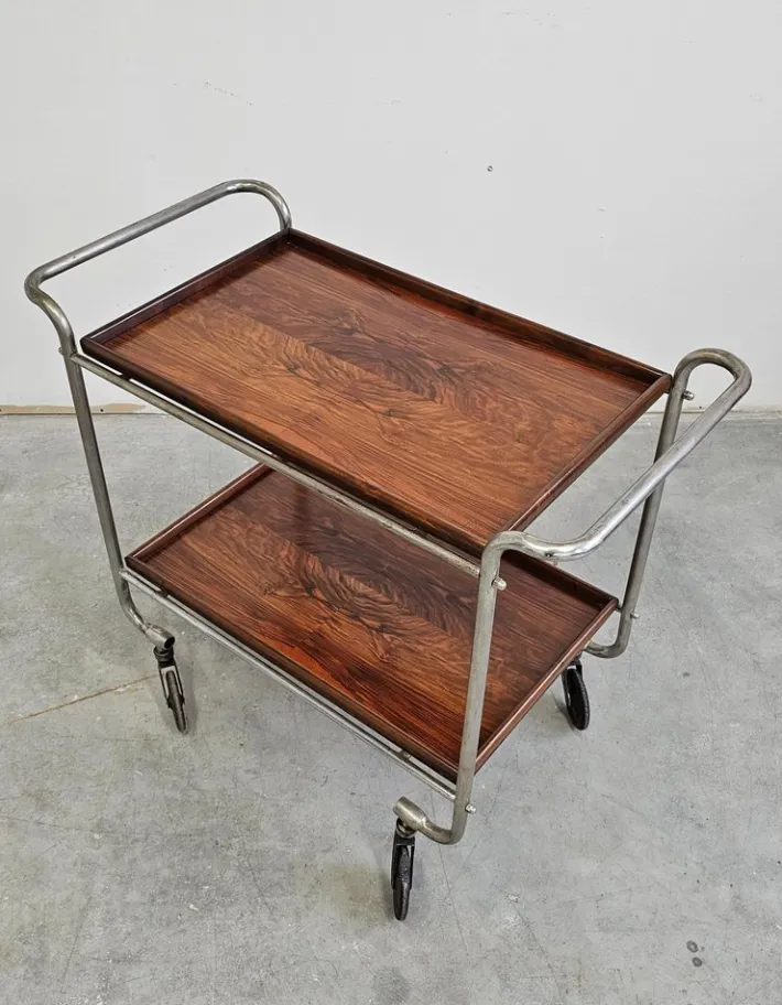 Pamono Bauhaus Bar Cart in Walnut Root Veneer and Steel Construction, 1920s Clearance