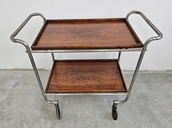 Pamono Bauhaus Bar Cart in Walnut Root Veneer and Steel Construction, 1920s Clearance