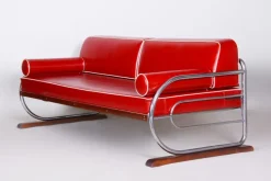 Pamono Bauhaus Red Sofa in Chrome-Plated Steel & High Quality Leather attributed to Robert Slezák, Czech, 1930s Best