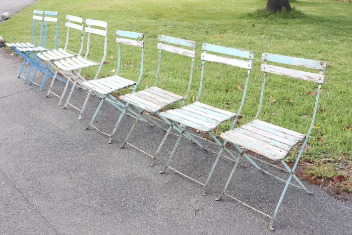 Pamono Bistro Garden Folding Chairs in Iron and Wood Slats, Set of 8 Discount