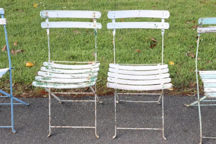 Pamono Bistro Garden Folding Chairs in Iron and Wood Slats, Set of 8 Discount