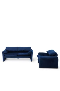 Pamono Blue Velvet Maralunga Armchair & Sofa attributed to Vico Magistretti for Cassina, 1970s, Set of 2 Hot