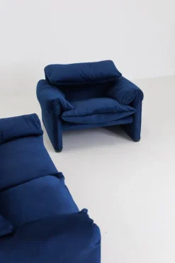 Pamono Blue Velvet Maralunga Armchair & Sofa attributed to Vico Magistretti for Cassina, 1970s, Set of 2 Hot