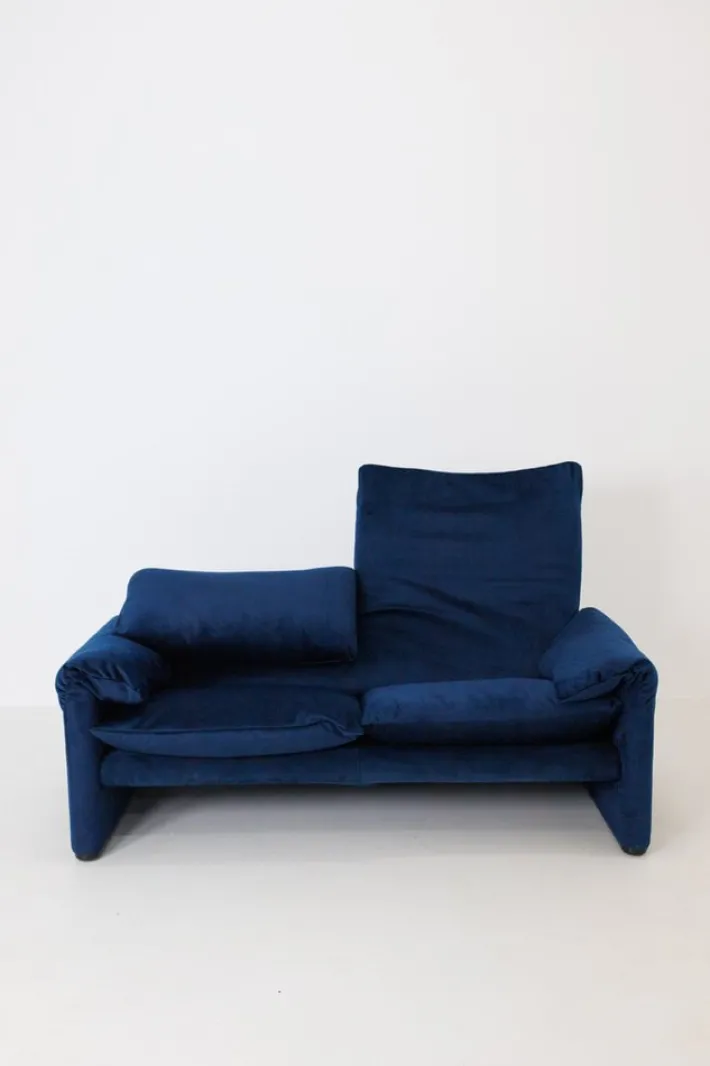 Pamono Blue Velvet Maralunga Armchair & Sofa attributed to Vico Magistretti for Cassina, 1970s, Set of 2 Hot
