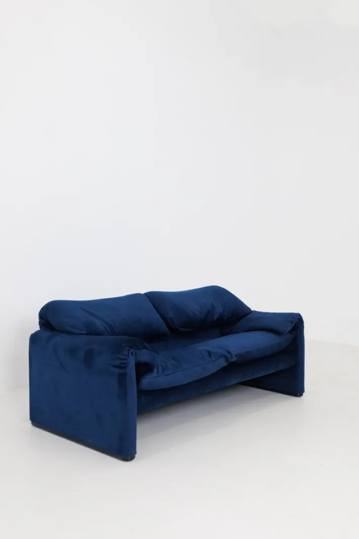 Pamono Blue Velvet Maralunga Armchair & Sofa attributed to Vico Magistretti for Cassina, 1970s, Set of 2 Hot