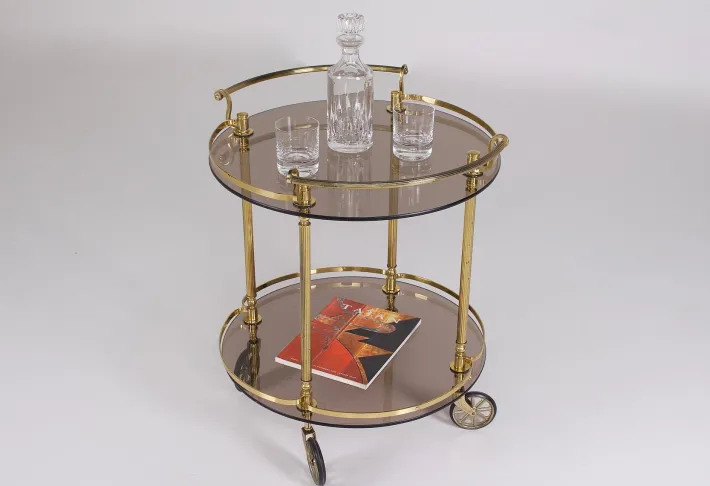 Pamono Brass and Smoked Glass Trolley, 1970s New