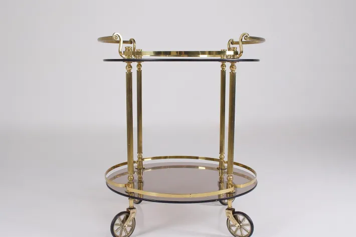 Pamono Brass and Smoked Glass Trolley, 1970s New