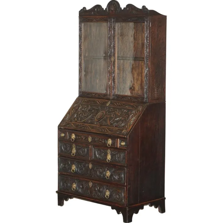 Pamono Carved English Oak Library Desk with Lions Head Brass Handles, 1860s New