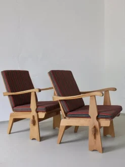 Pamono Carved Pine Lounge Chairs, Scandinavia, 1970s, Set of 2 New