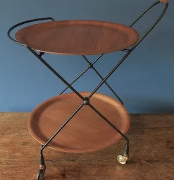 Pamono Circular Teak and Metal Folding Serving Trolley from Ary Fanerprodukter, Sweden, 1960s Sale