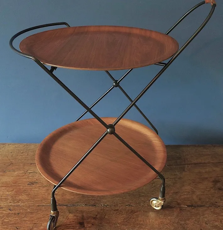 Pamono Circular Teak and Metal Folding Serving Trolley from Ary Fanerprodukter, Sweden, 1960s Sale