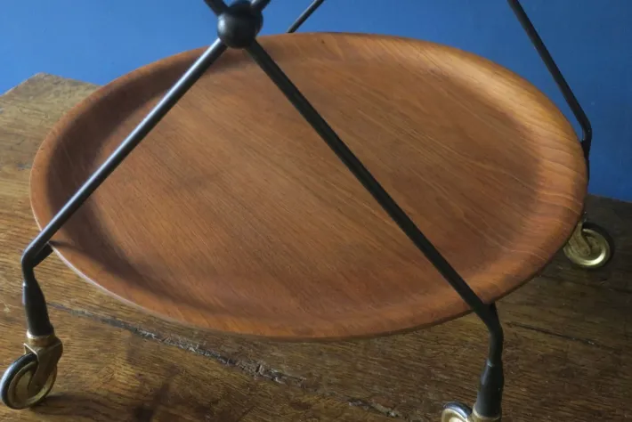 Pamono Circular Teak and Metal Folding Serving Trolley from Ary Fanerprodukter, Sweden, 1960s Sale