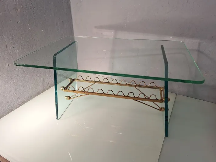 Pamono Coffee Table with Glass Top and Legs and Brass Scrolls attributed to Gio Ponti for Fontana Arte, 1940s Online