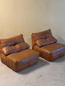 Pamono Cognac Leather Panto Lounge Chairs by Marc Held for Dunlopillo, 1970s, Set of 2 New