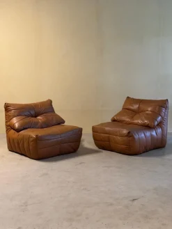 Pamono Cognac Leather Panto Lounge Chairs by Marc Held for Dunlopillo, 1970s, Set of 2 New