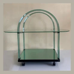 Pamono Curved Green Glass Bar Cart by Fiam, Italy, 1980s Hot