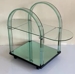 Pamono Curved Green Glass Bar Cart by Fiam, Italy, 1980s Hot