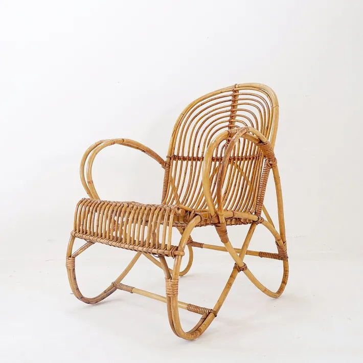 Pamono Curved Rattan and Bamboo Armchair, 1950s-1960s New
