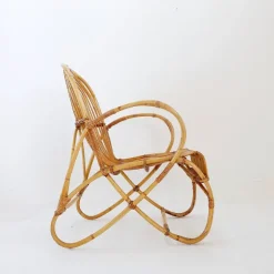 Pamono Curved Rattan and Bamboo Armchair, 1950s-1960s New