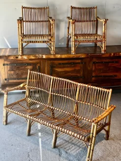 Pamono Dal Vera Bamboo and Rattan Sofa and Armchairs, 1970, Set of 3 New