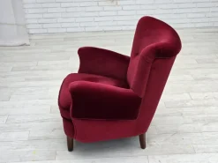 Pamono Danish Armchair in Cherry-Red Velour with Beech Legs, 1960s New