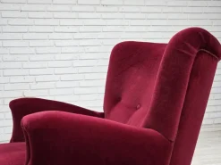 Pamono Danish Armchair in Cherry-Red Velour with Beech Legs, 1960s New