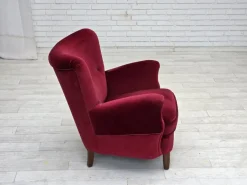 Pamono Danish Armchair in Cherry-Red Velour with Beech Legs, 1960s New