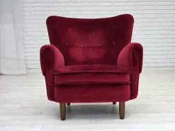 Pamono Danish Armchair in Cherry-Red Velour with Beech Legs, 1960s New