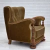 Pamono Danish Armchair in Green Velour and Carved Oak, 1960s Best