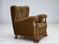 Pamono Danish Armchair in Green Velour and Carved Oak, 1960s Best