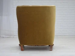 Pamono Danish Armchair in Green Velour and Carved Oak, 1960s Best