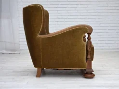 Pamono Danish Armchair in Green Velour and Carved Oak, 1960s Best
