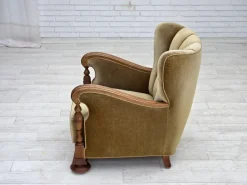 Pamono Danish Armchair in Green Velour and Carved Oak, 1960s Best