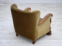 Pamono Danish Armchair in Green Velour and Carved Oak, 1960s Best