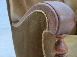 Pamono Danish Armchair in Green Velour and Carved Oak, 1960s Best