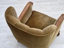 Pamono Danish Armchair in Green Velour and Carved Oak, 1960s Best
