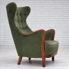Pamono Danish Highback Armchair in Green Velour and Teak Wood, 1960s Sale