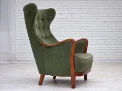 Pamono Danish Highback Armchair in Green Velour and Teak Wood, 1960s Sale