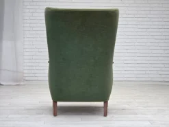 Pamono Danish Highback Armchair in Green Velour and Teak Wood, 1960s Sale