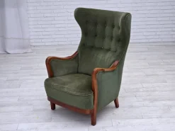 Pamono Danish Highback Armchair in Green Velour and Teak Wood, 1960s Sale