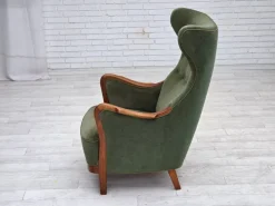 Pamono Danish Highback Armchair in Green Velour and Teak Wood, 1960s Sale